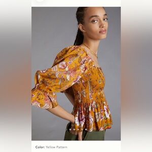 Anthropologie Smocked Sweetheart Blouse (Yellow Pattern)